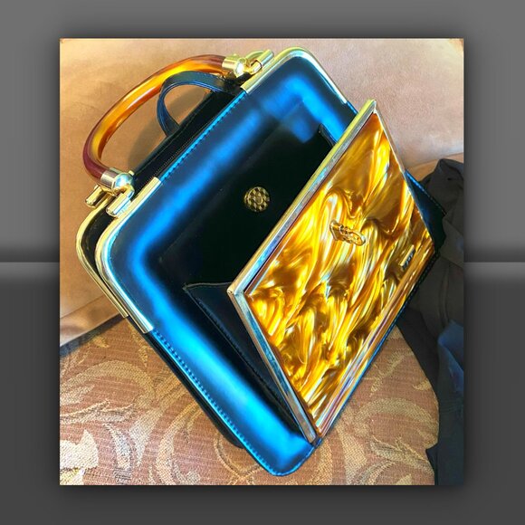 Black Leather Handbag with Amber Swirl Lucite Handles and Panel - Picture 4 of 7